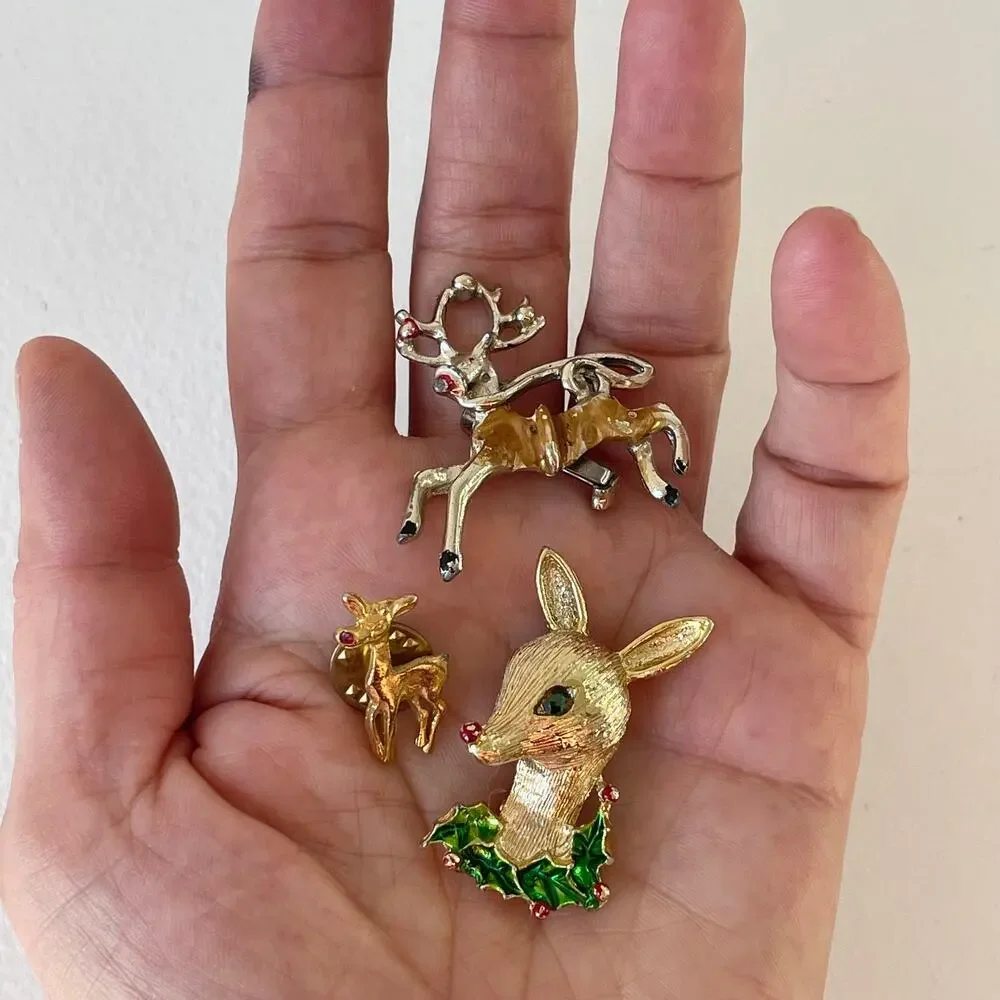 Vintage Christmas Pins Reindeer Rhinestone Enamel Brooch Signed Gerrys Lot of 3